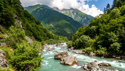 A vibrant landscape showcases a fast-flowing river winding through a lush, verdant valley
