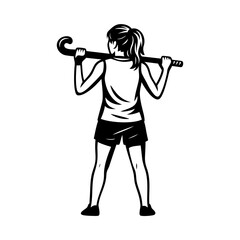 Female Athlete Vector Illustration – Woman Standing with Barbell or Hockey Stick on Shoulders – Sports, Fitness, and Training Silhouette