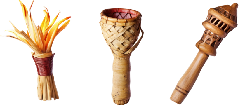 Three Traditional Torches with Transparent Background Highlighting Woven Wicker Wooden and Bamboo Elements