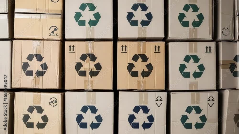 Poster Stacked cardboard boxes with recycling symbols in rows and columns creating an organized pattern