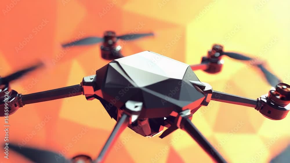 Poster modern quadcopter drone flying with rotating blades on abstract background