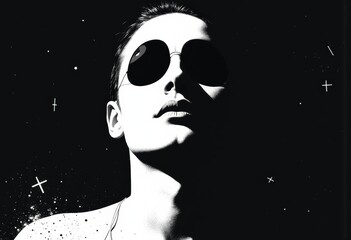 Fototapeta premium Individual with a hollow face design wearing stylish sunglasses against a dark background