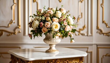 A lush floral arrangement in a classic vase, on a marble table with ornately decorated background