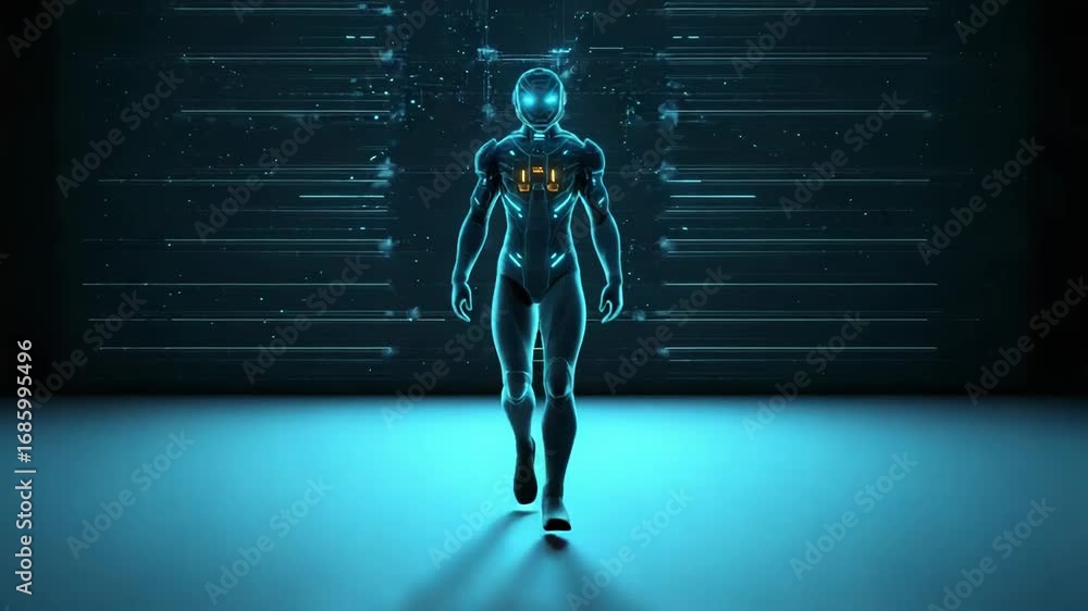 Aufkleber futuristic robot emerging from digital data stream