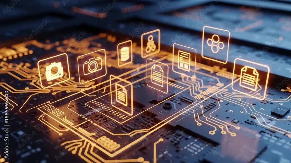 Poster close up of a circuit board with glowing icons representing files and camera on its surface