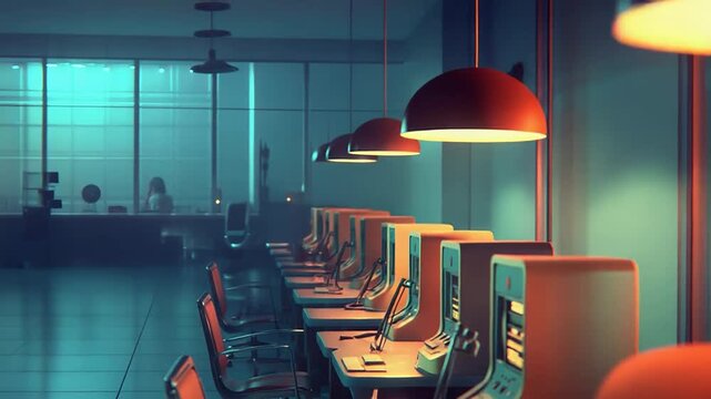 Retro computers and orange chairs in an empty office at night