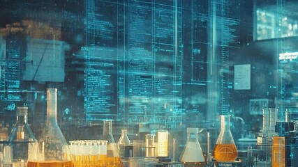 Laboratory glassware displaying futuristic chemical research with augmented reality data - Powered by Adobe