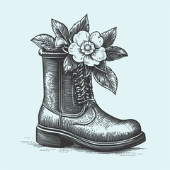 Vintage Boot Filled with Flowers and Leaves in Artistic Illustration