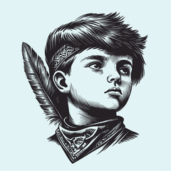 Young Boy Portrait with Feather in Hair and Bandana Vintage Style