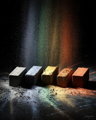 Colorful Pigment Blocks Under Rainbow Powder