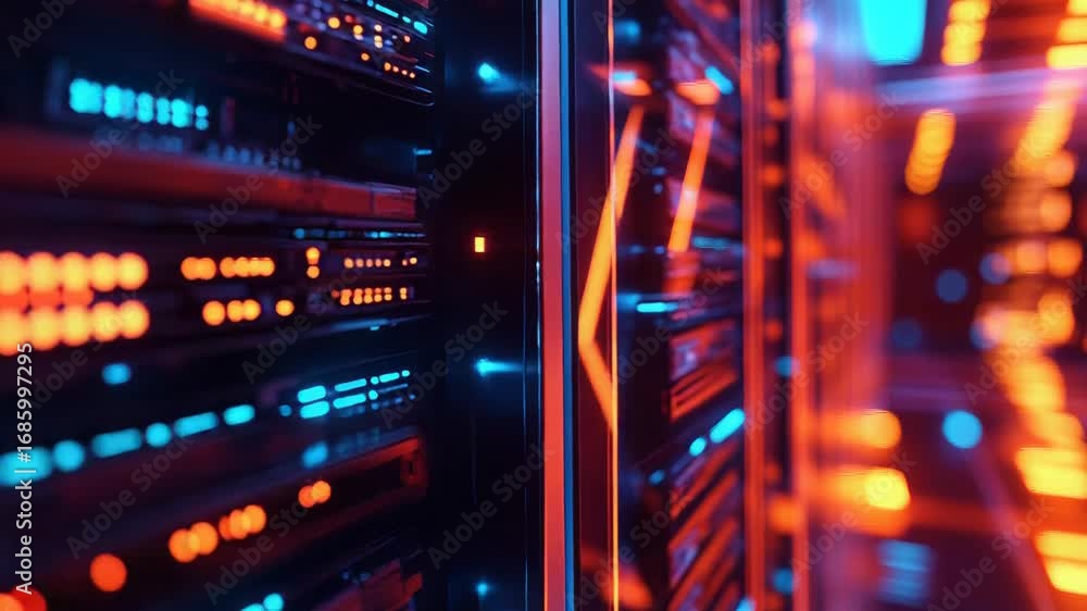 Poster server room blinking lights showing internet connectivity in data center