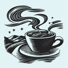 Cozy Coffee Cup with Swirling Steam and Stars Against a Light Background