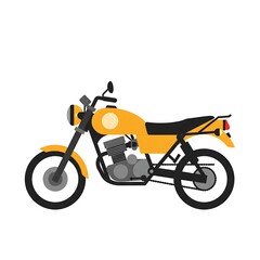 A side view illustration of a classic yellow motorcycle with black accents, parked against a white background.