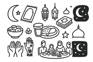 Ramadan Doodle Icons. Ramadan doodle icon set: hand drawn icons of crescent moon, prayer mat, lanterns, dates, iftar meal, Quran,