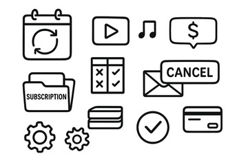 Subscription Management Icons. Subscription management doodle icon set: hand drawn icons of calendar renewal, streaming icons,