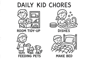 Daily Kid Chores Icons. Daily kid chores doodle set: hand drawn icons for room tidy-up, dishes, feeding pets, and making beds,