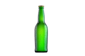 A green bottle of beer with a cap on it