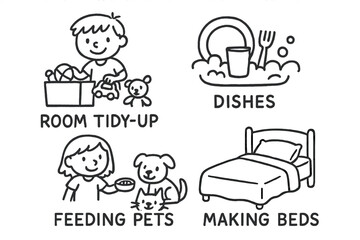 Daily Kid Chores Icons. Daily kid chores doodle set: hand drawn icons for room tidy-up, dishes, feeding pets, and making beds,