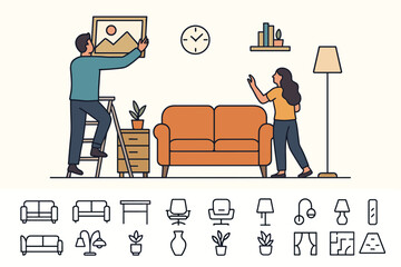 Home Decor Elements. Horizontal vector banner featuring couple decorating home and comprehensive interior design icon set for