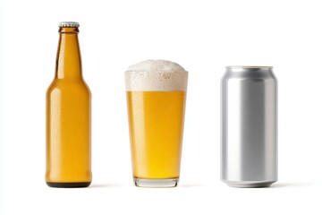 Glass of beer with foam between sealed bottle and plain can on white background