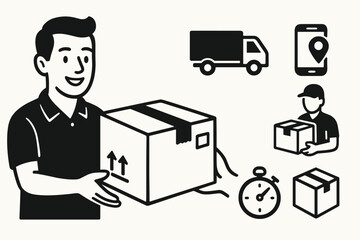 Delivery Icons and Package. Horizontal vector banner featuring man receiving package and comprehensive delivery service icon set