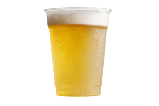 A plastic cup filled with beer