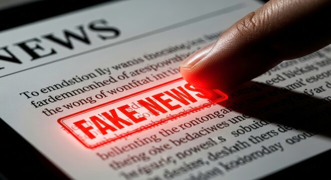 Finger pressing a red stamp that says fake news on a newspaper article, highlighting the concept of misinformation and disinformation in media