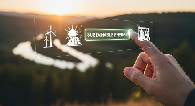 Hand touching a holographic display showing sustainable energy icons like wind turbines and solar panels against a sunset backdrop