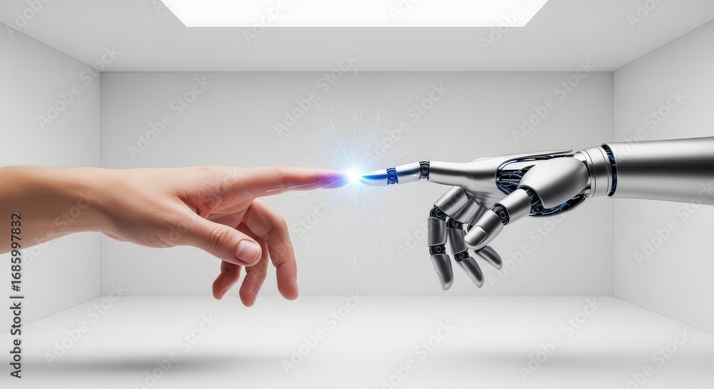 Poster closeup of a human hand and a robot hand reaching out to touch fingertips, with a bright spark of li