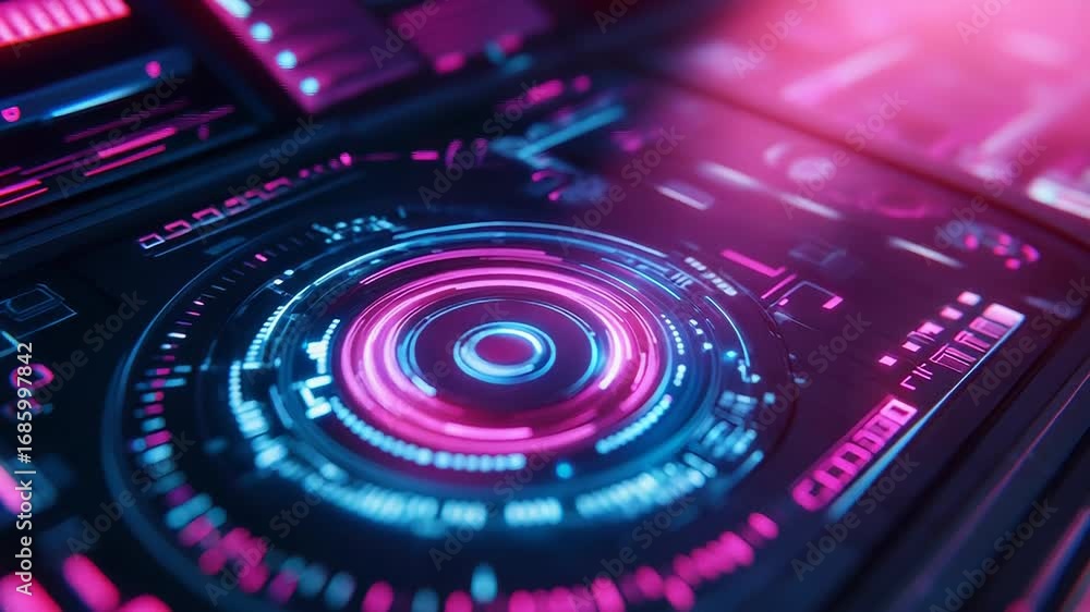 Poster futuristic head up display showing rotating circles and data analysis charts