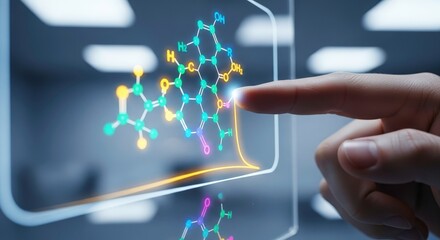 A finger touches a glowing holographic display showing a complex molecular structure, symbolizing scientific research and chemical discovery in a modern laboratory