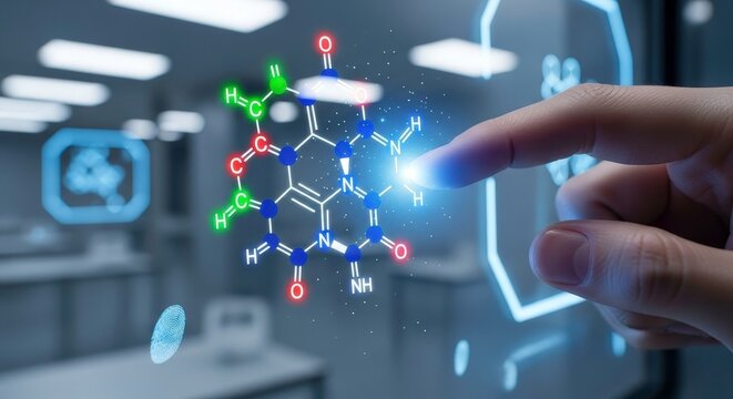 A closeup of a finger interacting with a vibrant, glowing molecular diagram on a futuristic interface, highlighting advancements in chemical engineering and scientific exploration - Powered by Adobe