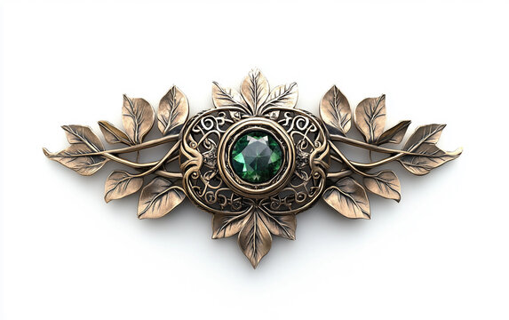 Handcrafted fantasy brooch with elven leaf engravings isolated on white background PNG - Powered by Adobe
