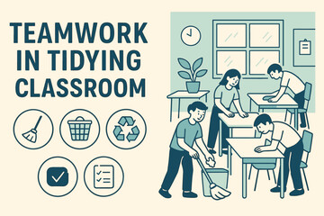 Classroom Clean-Up Teamwork. Creative banner featuring group tidying classroom and teamwork icon set for broom, basket, recycle