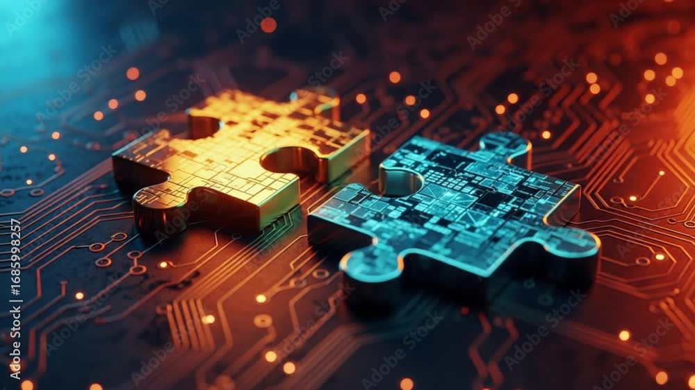 Poster two puzzle pieces on a circuit board with orange and blue lighting creating a techy atmosphere
