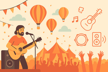 Live Music Celebration. Scene banner with live music near balloon launch and festive atmosphere icon set for guitar, speaker,