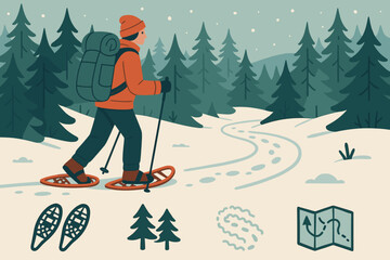 Snowshoe Hike Adventure. Illustrated banner of snowshoe hike in forest and nature icon set for snowshoes, pine trees, frost trail