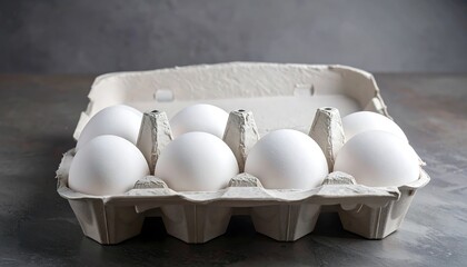 Eight large white eggs rest inside a cardboard carton, against a mottled grey backdrop
