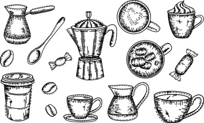 Hand drawn coffee set / Vintage cafe clipart collection