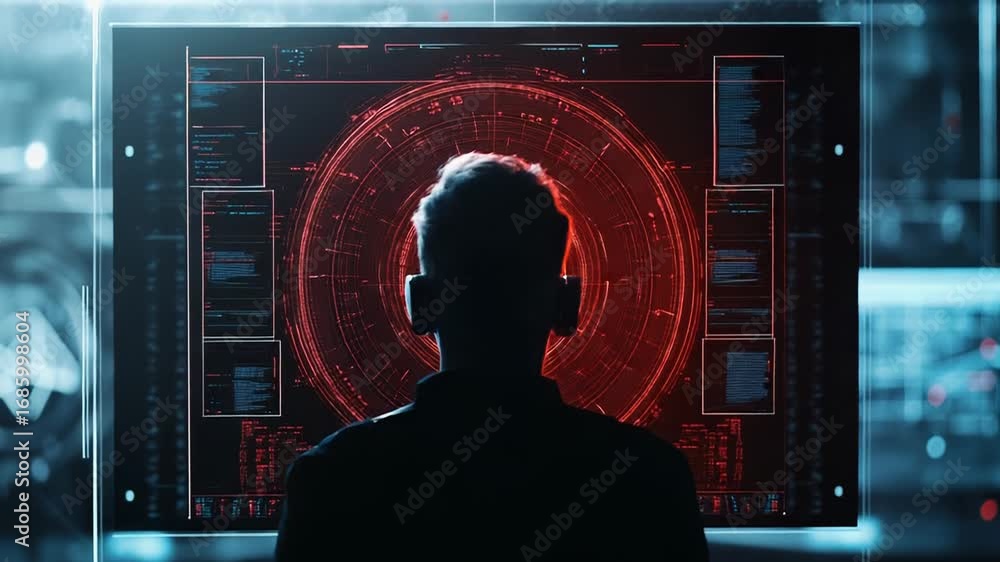 Poster software developer working with red circular user interface on computer screen in modern monitoring 