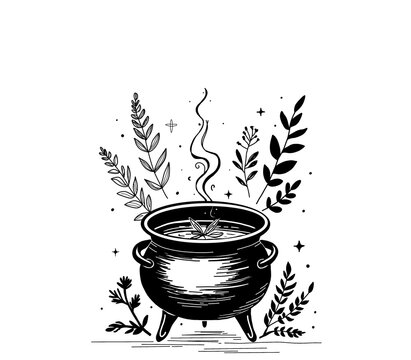 Mystical black cauldron with steam, herbs, and sparkles – magical potion brewing illustration in black and white, perfect for witchcraft, herbalism, and fantasy-themed creative projects - Powered by Adobe