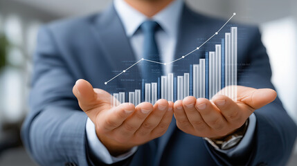 Business professional holds digital graph representing growth and success, showcasing financial progress and innovation