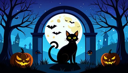 A Halloween-themed illustration with a black cat, pumpkins, bats, and a full moon