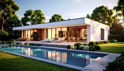 Fototapeta premium Modern home with pool and garden