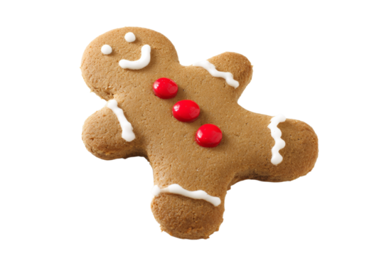 A gingerbread man with red icing on his head and red buttons on his chest