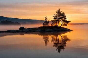 Fototapeta premium Tranquil lake sunset with silhouetted trees on misty island