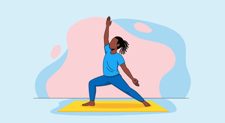 Person practicing yoga on a mat, demonstrating a warrior pose. Represents wellness, mindfulness, and healthy lifestyle for fitness, self-care, and balance.