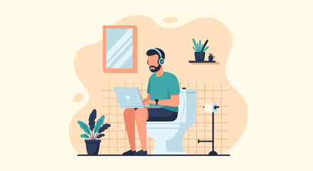 Man on toilet with laptop and headphones, symbolizing remote work, productivity, and the blur between personal and professional life. Modern busy lifestyle.