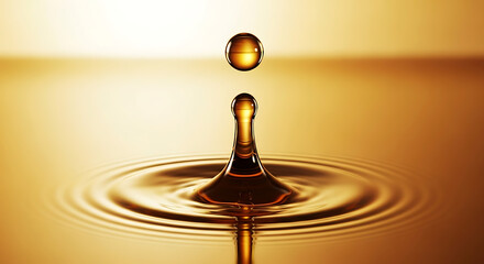 Captivating golden liquid drop creating ripples, symbolizing purity, luxury, and fresh beginnings.