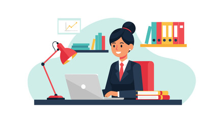 Smiling businesswoman efficiently working on her laptop in a professional, organized office setting, symbolizing productivity and success. Ideal for business and corporate themes.